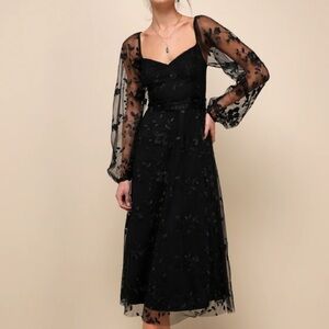 Lulus Darling Charisma Black Mesh Embroidered Midi Dress